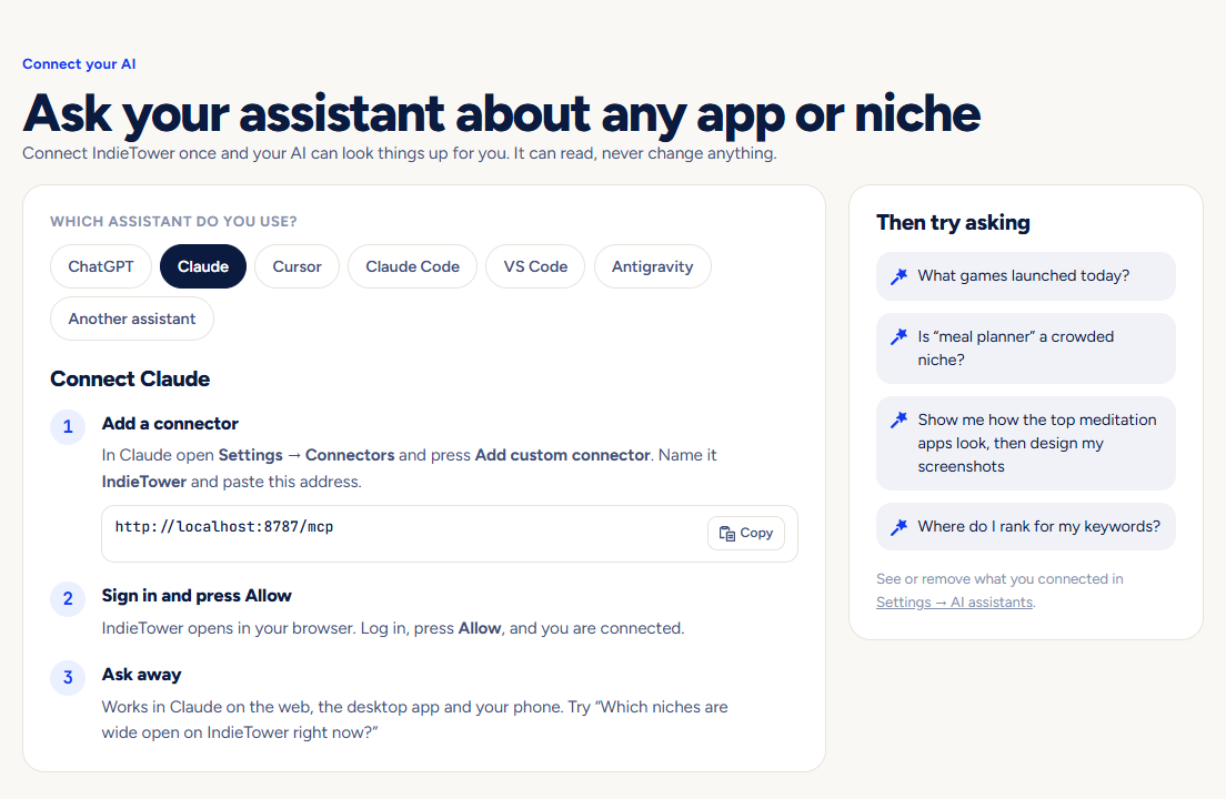 The Connect your AI page with a row of assistants and numbered steps