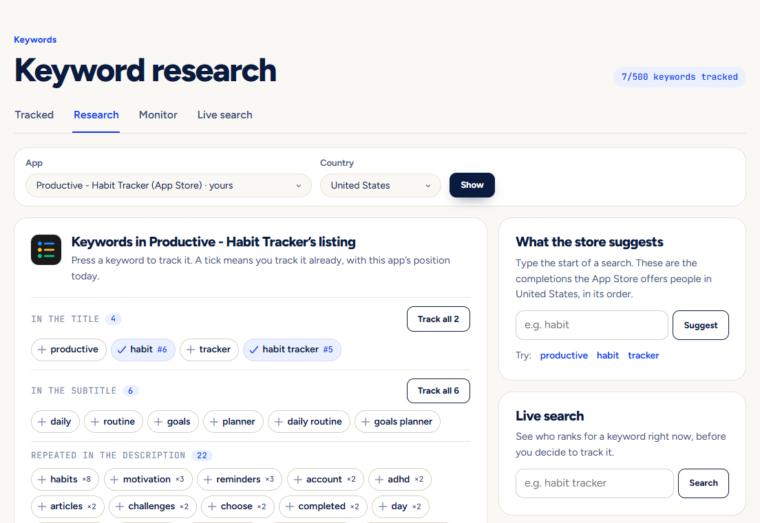 The Research tab with keyword chips taken from the listing, store suggestions and competitor words