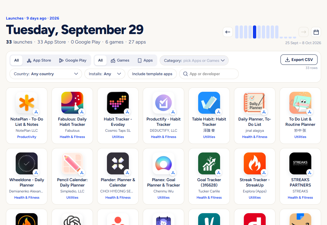 The Launches page with the day picker, the filter bar and a grid of new apps