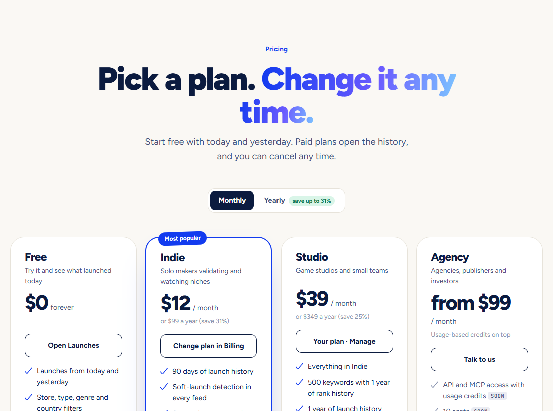 The Pricing page with the monthly and yearly switch and the plan cards