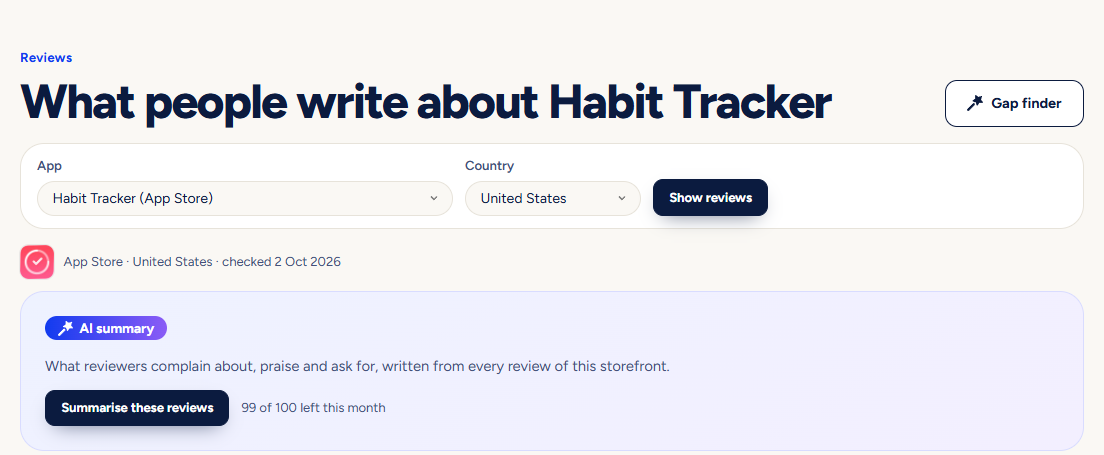 The Reviews page with the app and country pickers and the review filters