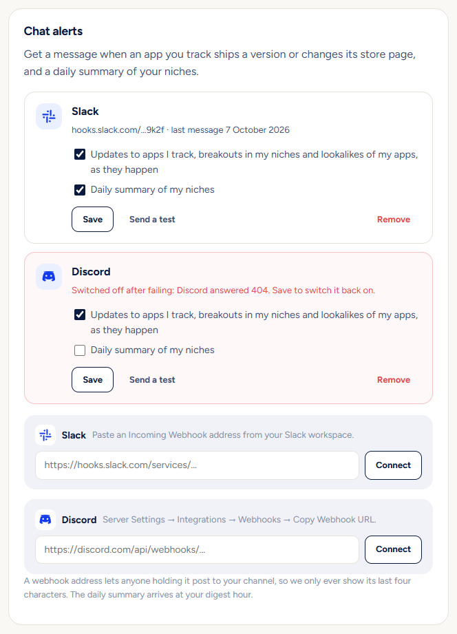 The Chat alerts section of Settings with fields for Slack and Discord